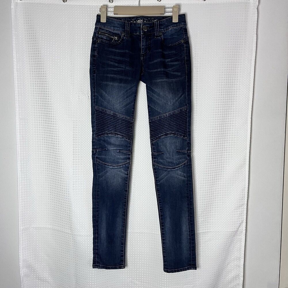 Express Moto Skinny Jeans Women’s Size 00 Dark Wash Zipper Pocket Stretch Denim